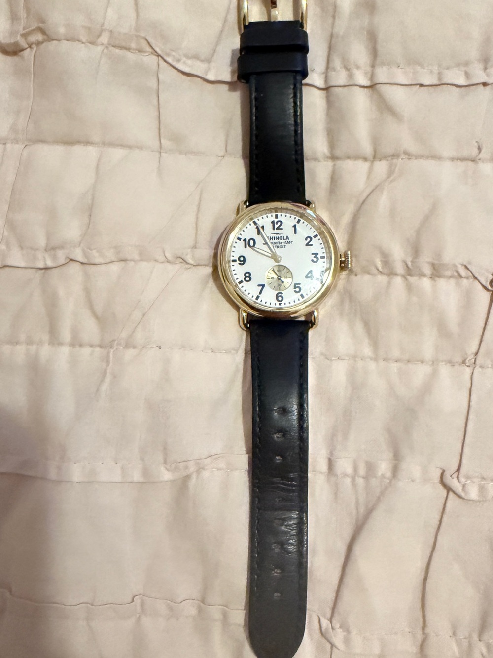 Shinola Gold Case Watch with Black Leather Strap and White Dial